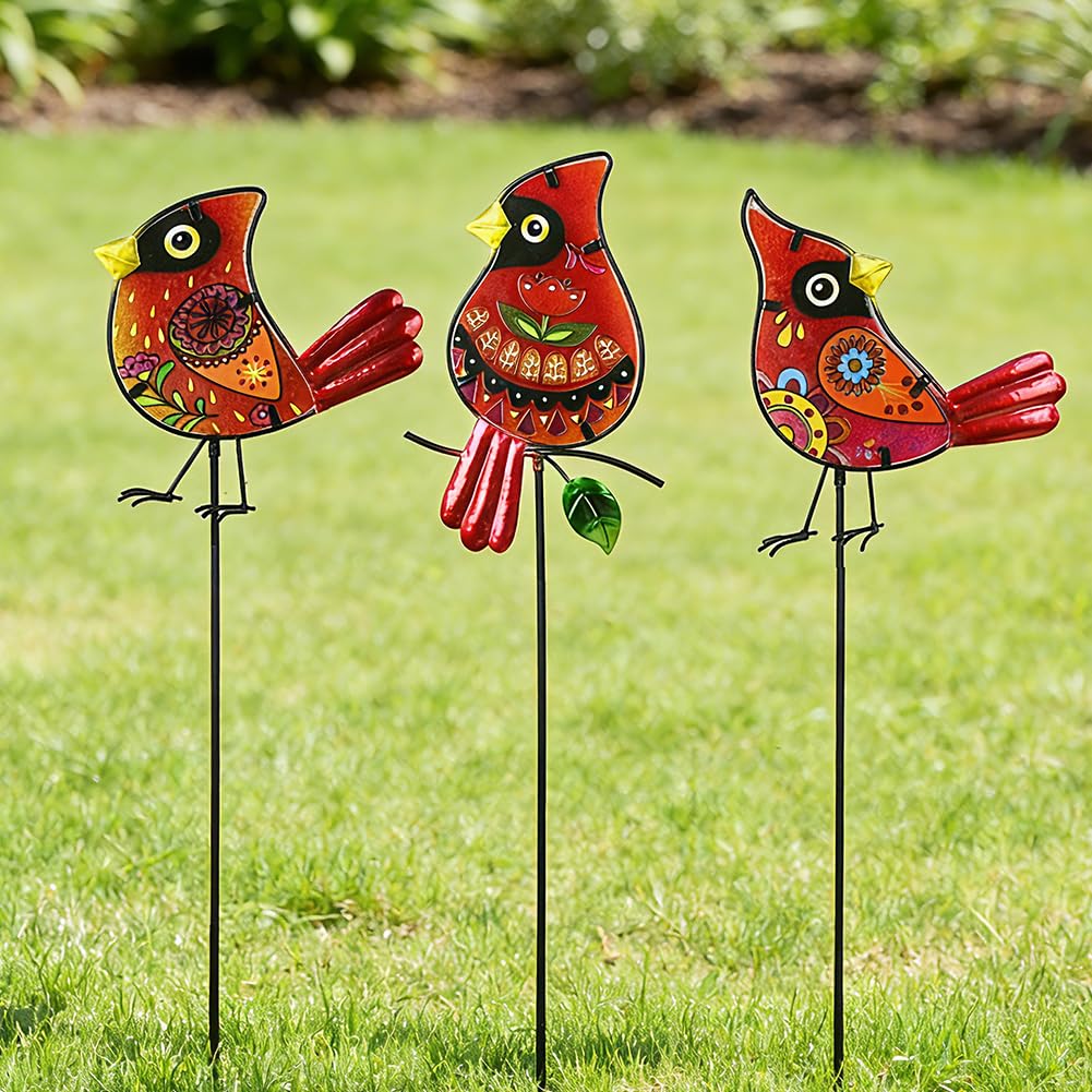 SATHGA Decorative Garden Stakes,Set of 3 Cardinal Stained Glass Metal Yard Art,Waterproof Outdoor Decor Housewarming Present for Women Mom Grandma