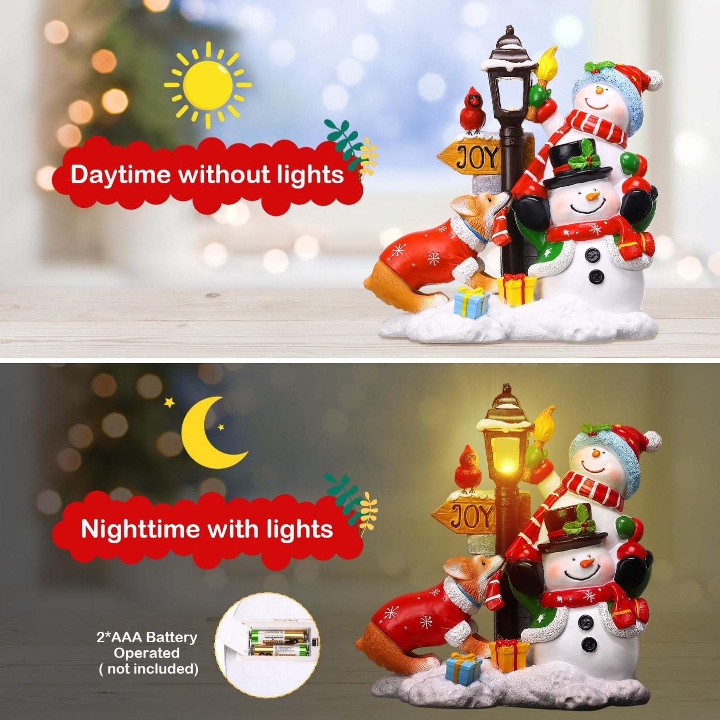 Wonderjune Christmas Snowman Table Decoration Lighted Snowman Figurine with Lamppost Lantern Tabletop Resin Collectibles Batteries Operated Xmas Statues Centerpiece Festive Gift Indoor Home