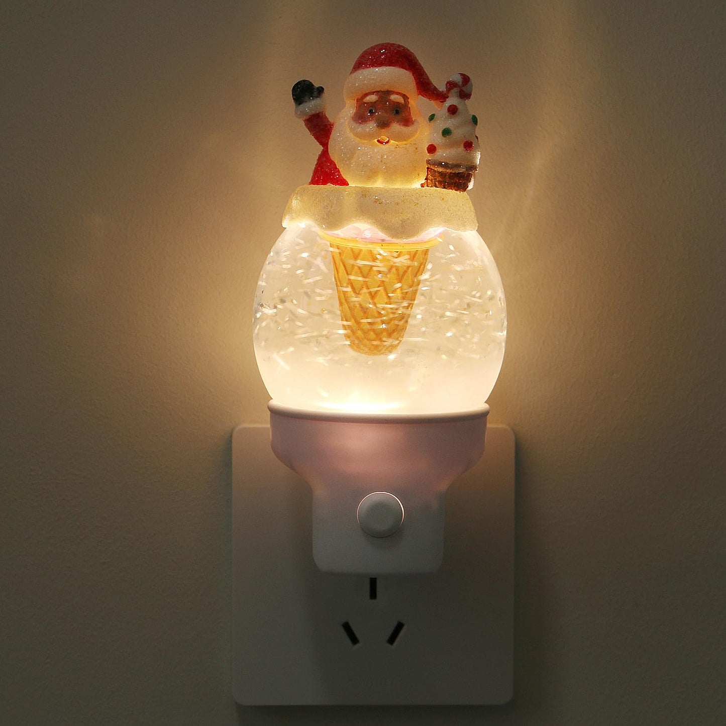 Christmas Santa Night Light Plug into Wall Glitter Water Nightlight with USB/Outlet Options, Christmas Decorative Nightlight for Bedroom Kitchen Nursery Holiday Decorations Gifts (Santa Ice Cream)