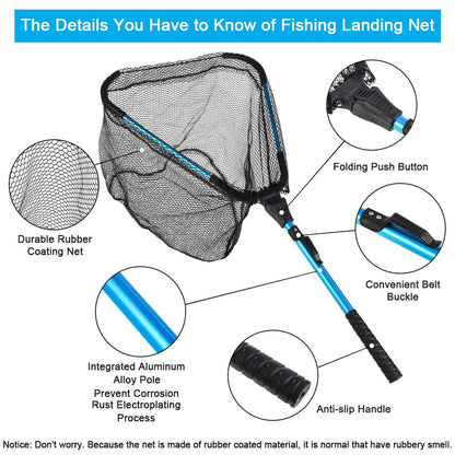 LBW Collapsible Rubber Fishing Net with Handle, Folding Kayak Net for Freshwater or Saltwater, Portable Landing Net for Trout, Catfish, Bass