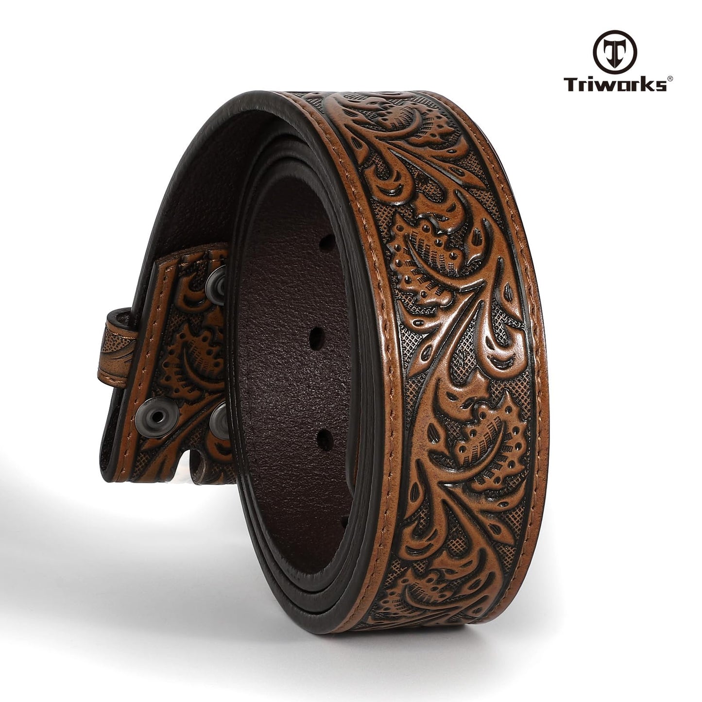 TRIWORKS Western Belt Strap for Men without Buckle 1.5" Wide Floral Engraved Embossed Leather Belt Strap