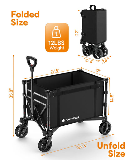 Raynesys 3 in 1 Collapsible Wagon Converts to Bench, 220lbs Foldable Wagon Cart with Wheels, 120L Shopping Cart for Groceries Folding Utility Wagon for Beach, Garden, Camping, Sport, Black