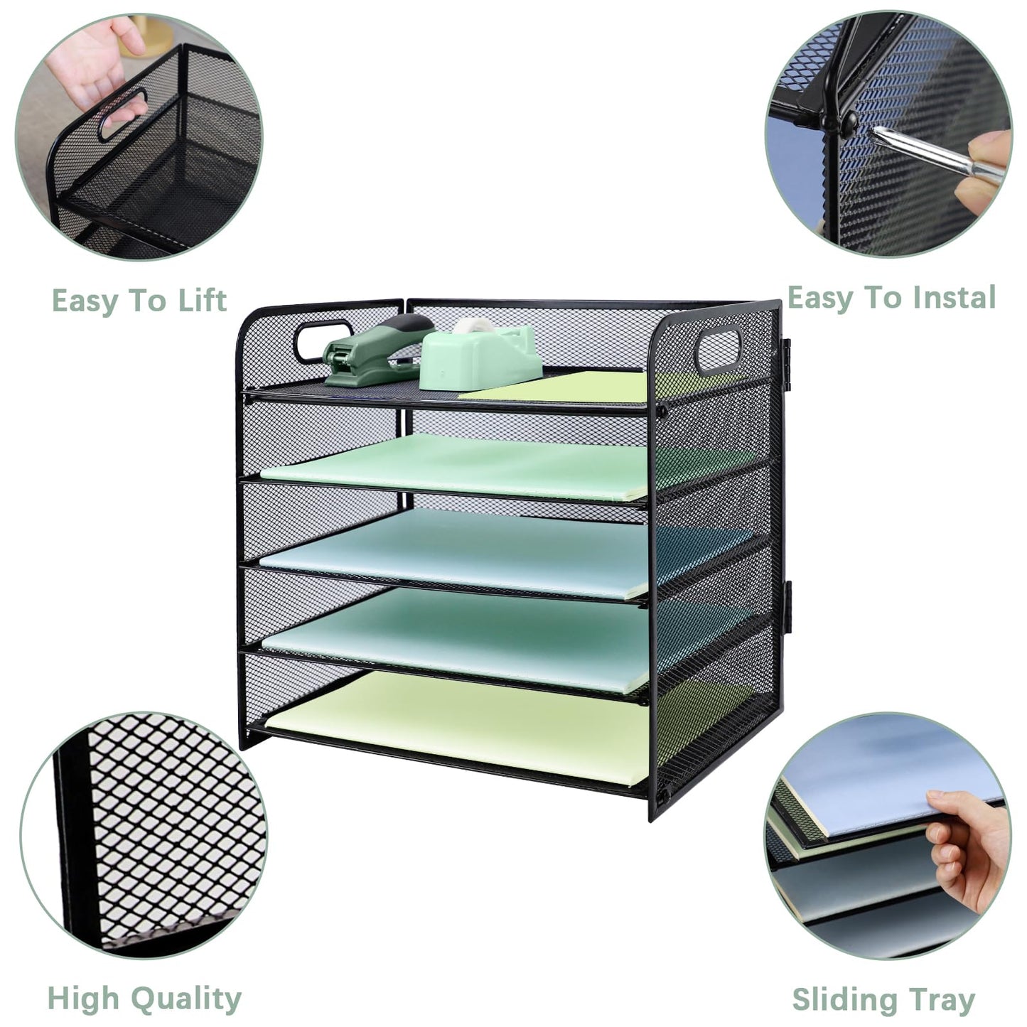 IOUGDSEC Paper Letter Tray with Handle, 5 Tier Metal Mesh Desk File Organizer, A4 Paper Desktop Filing Trays, Desk Tidy Magazine Document Holder for Home Office, Black