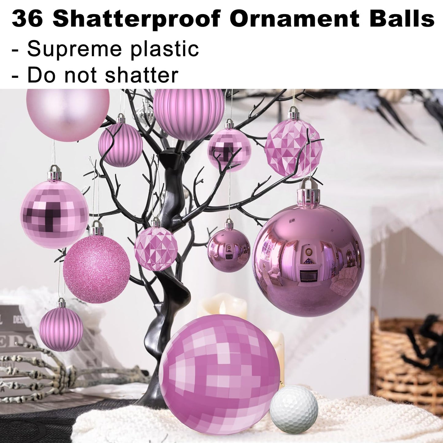 Bubblegun Pink Christmas Ornaments - Christmas Tree Decorations Shatterproof Hanging Balls for Birthday Wedding Holiday Decor Set of 36pcs, Multi-Sizes(1.6",2.5",3.2")