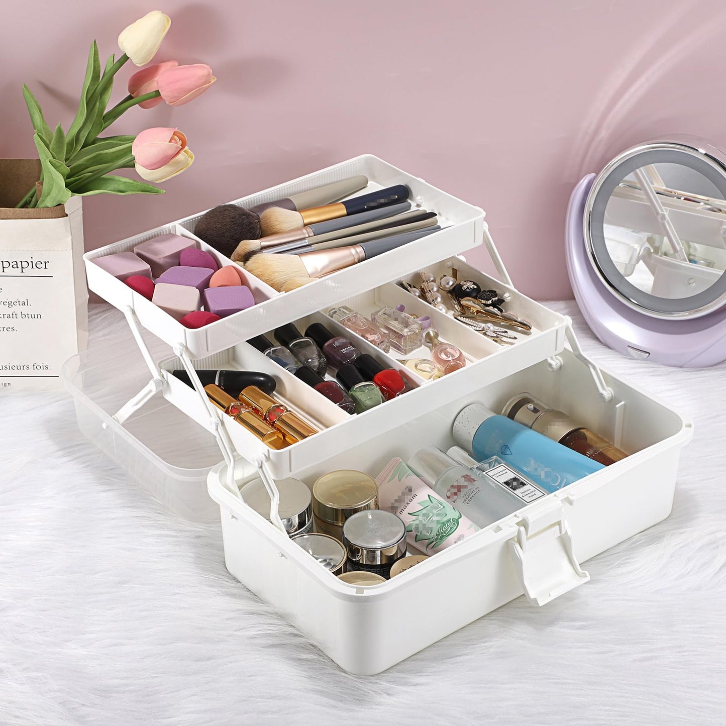 BTSKY 3-Layer Plastic Dividing Storage Box Craft Organizer with Adjustable Spacers Portable Handled Art Supply Organizer Multipurpose Home Utility Box for Medicine Box Sewing Box (Beige White)