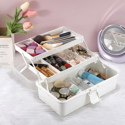 BTSKY 3-Layer Plastic Dividing Storage Box Craft Organizer with Adjustable Spacers Portable Handled Art Supply Organizer Multipurpose Home Utility Box for Medicine Box Sewing Box (Beige White)