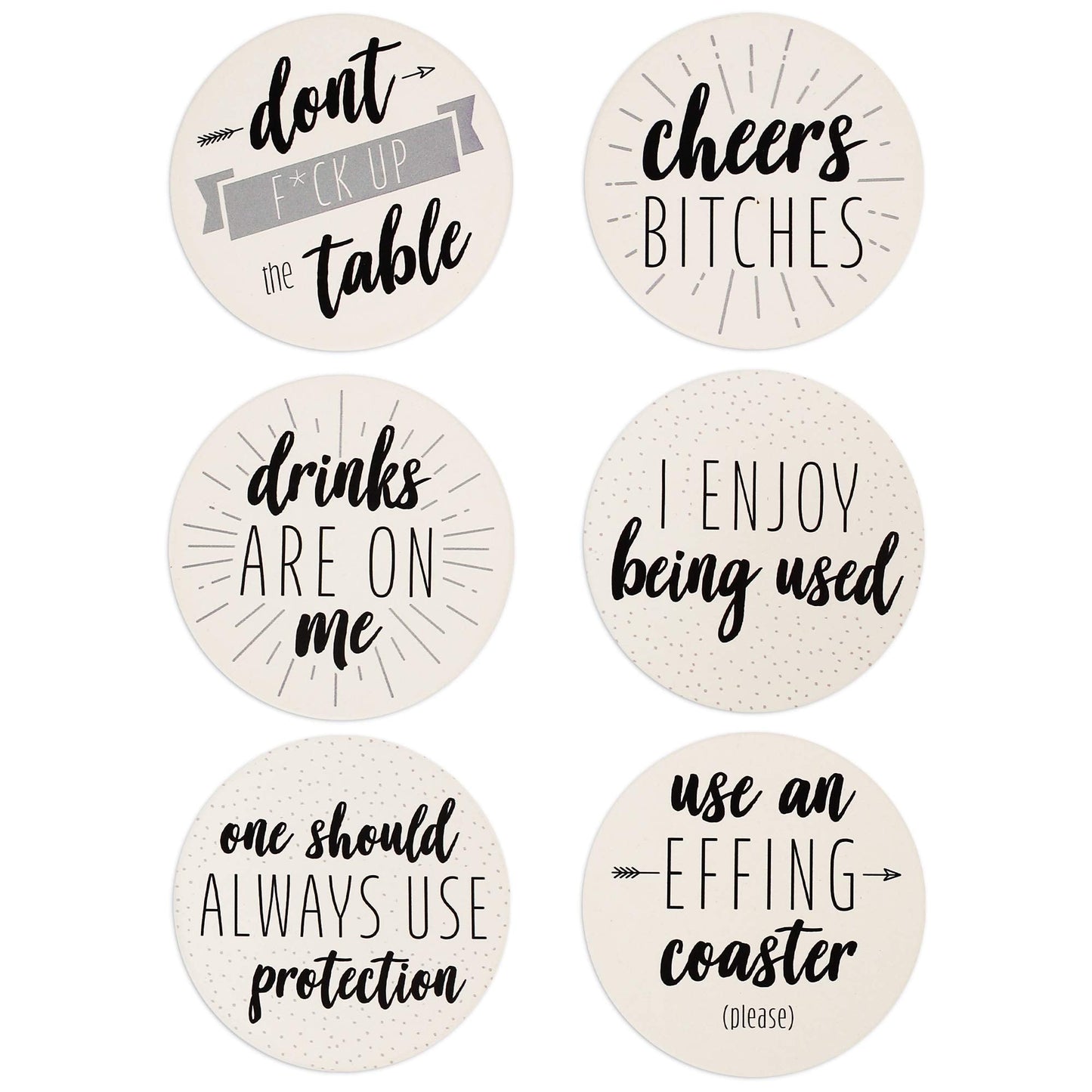 LotFancy 6PCS Ceramic Coasters with Cork Base, Round Coasters with 6 Humorous Sayings, Non-Slip, Bar Room Decor, Housewarming Gift