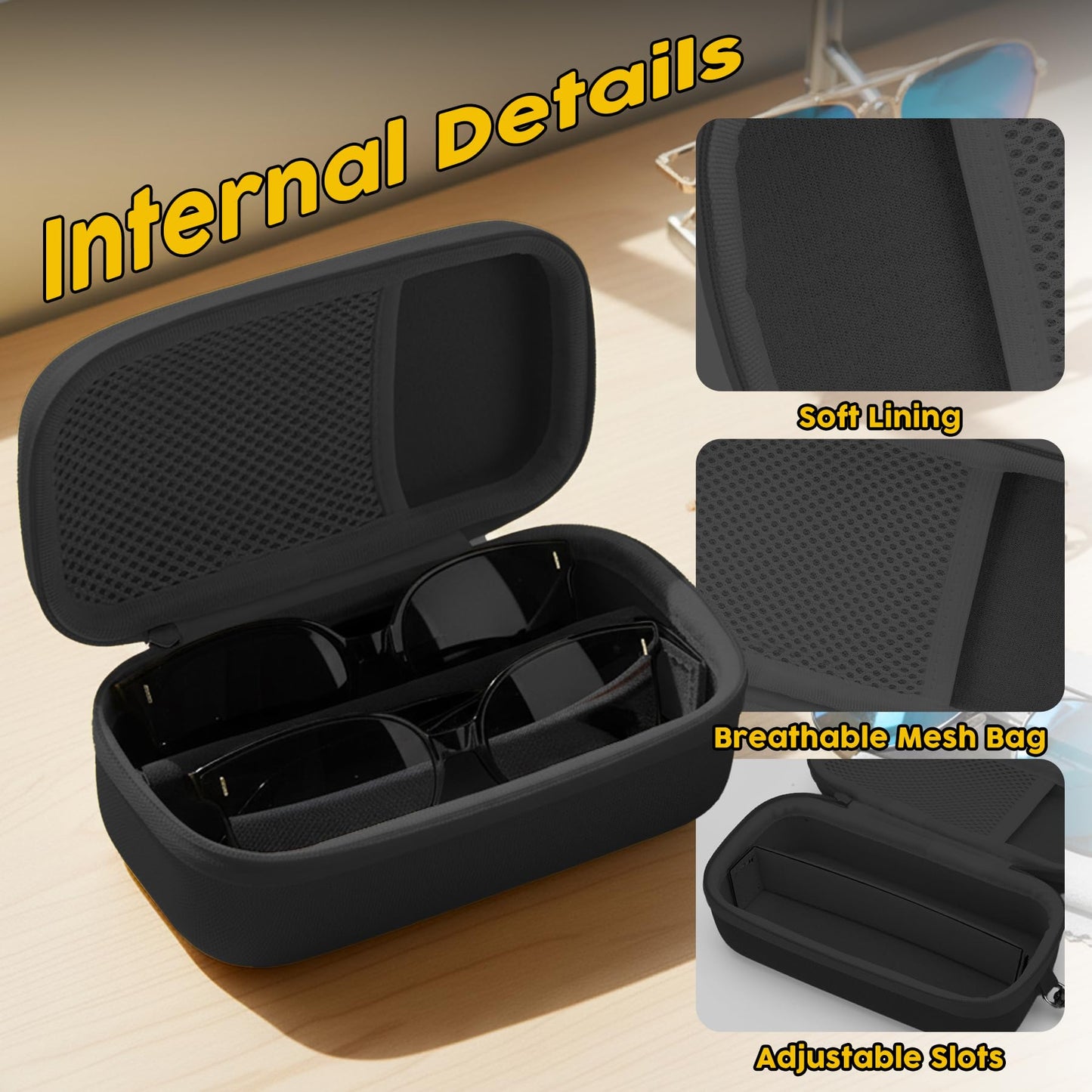 bipkonu Double Eyeglasses Case,Hard Shell Glasses Case Travel Sunglasses Organizer with Adjustable Slot & Clip for Men Women, Black