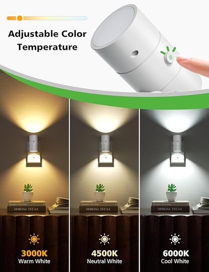 Night Lights Plug Into Wall,3 Color Temperatures LED Night Light Plug in,Dusk to Dawn Sensor,0-100LM Adjustable Brightness,Dimmable Night Lights for Hallway Bathroom Stair Bedroom,White,6 Pack