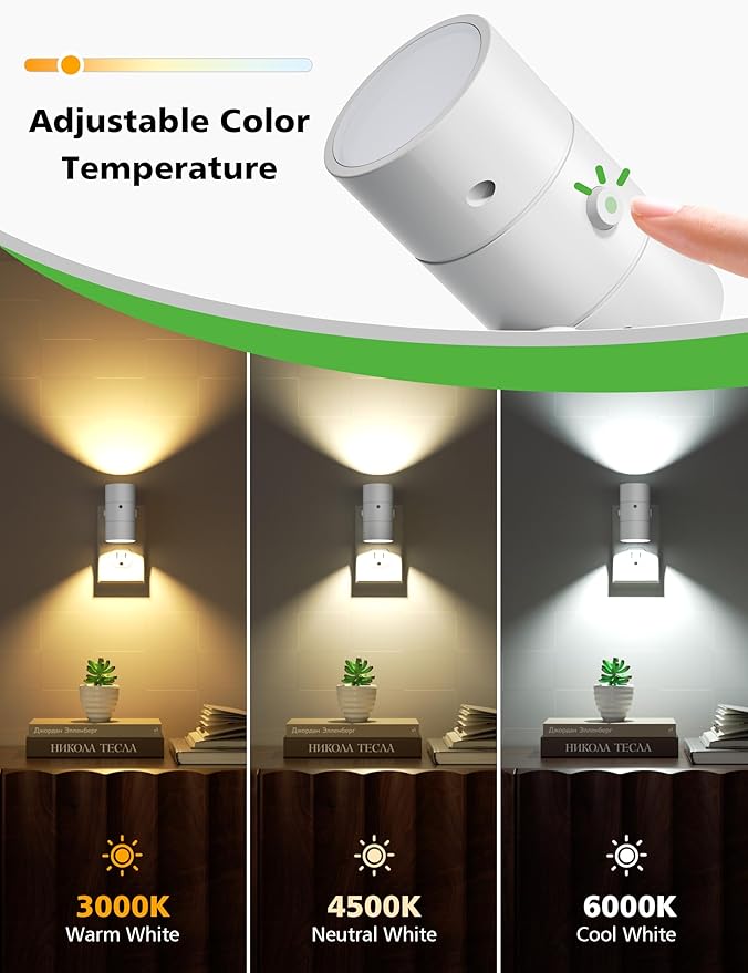 Night Lights Plug Into Wall,3 Color Temperatures LED Night Light Plug in,Dusk to Dawn Sensor,0-100LM Adjustable Brightness,Dimmable Night Lights for Hallway Bathroom Stair Bedroom,White,8 Pack