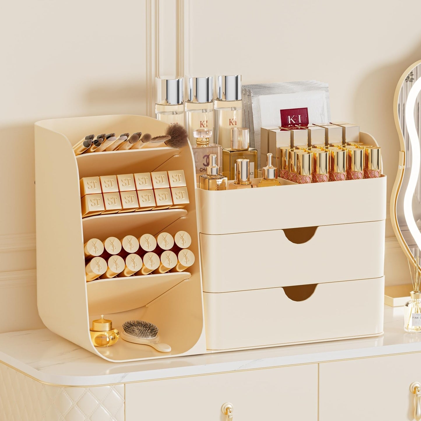KQJS Makeup Organizer with Drawers, Large Capacity Countertop Organizer for Vanity, Bathroom and Bedroom Desk Cosmetics Organizer, Easy To Storage Skincare,Brushes, Eyeshadow,Lipstick (Cream)