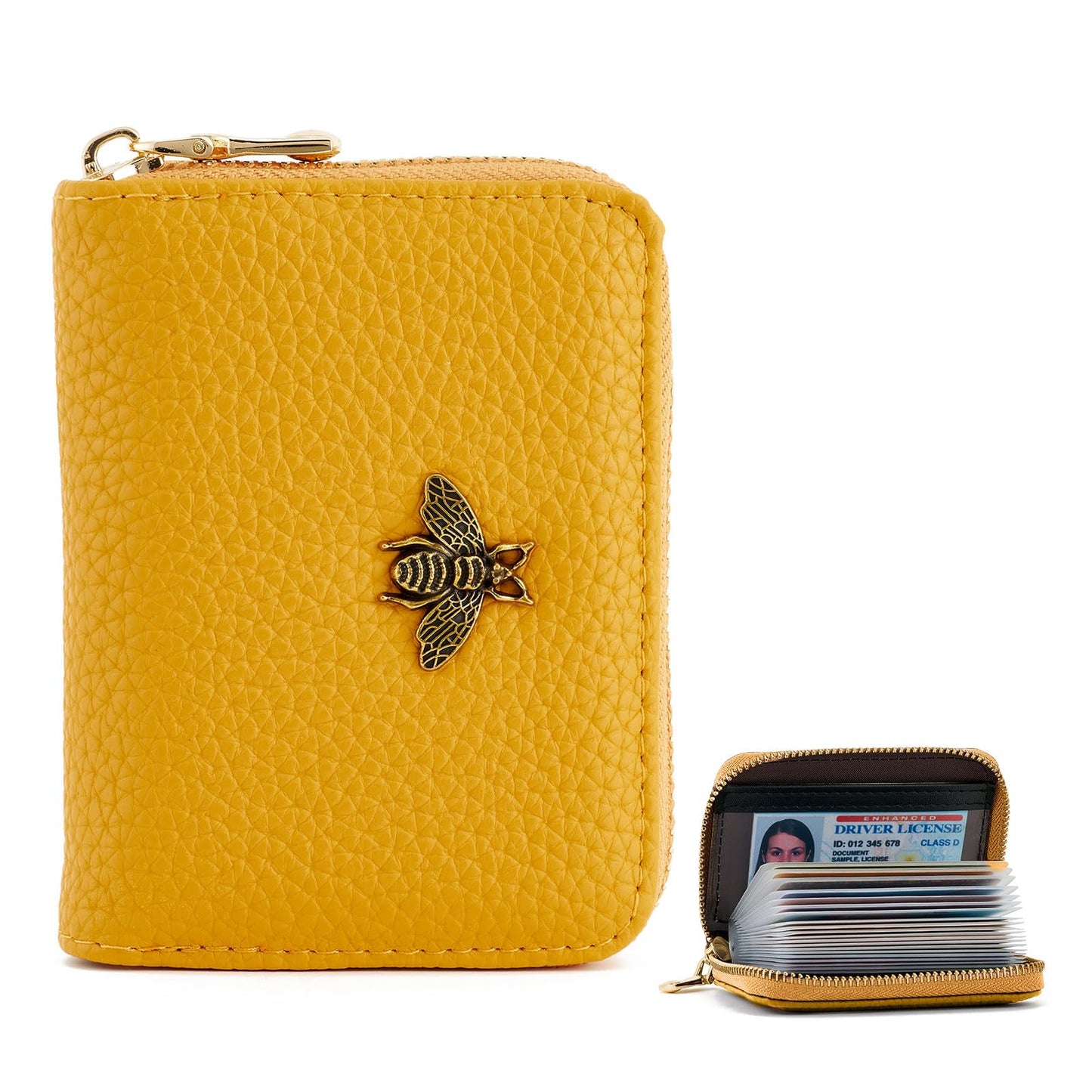 WOZEAH Leather Credit Card Holder for Women Wallet RFID Blocking Zipper Wallet Card Case Business（Yellow）
