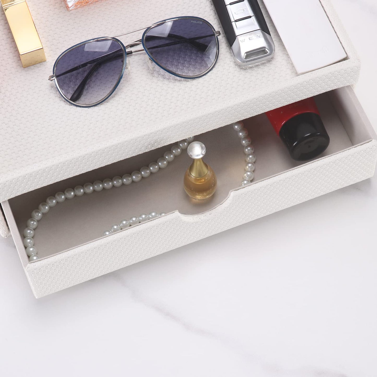 SYRWDXTX Leather Desk Organizer With Drawers, Home Cosmetics & Phone Remote Organizer, Drawer Plus Divider & Tray (white)