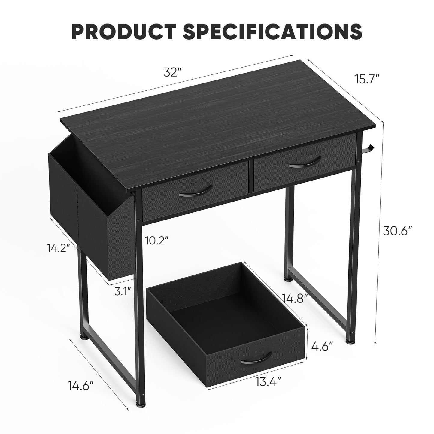 DUMOS 32" Home Office Computer Desk with Drawers, Small Gaming Writing Study Table with Storage Side Bag, Headphone Hook and Adjustable Feet for Bedroom Black