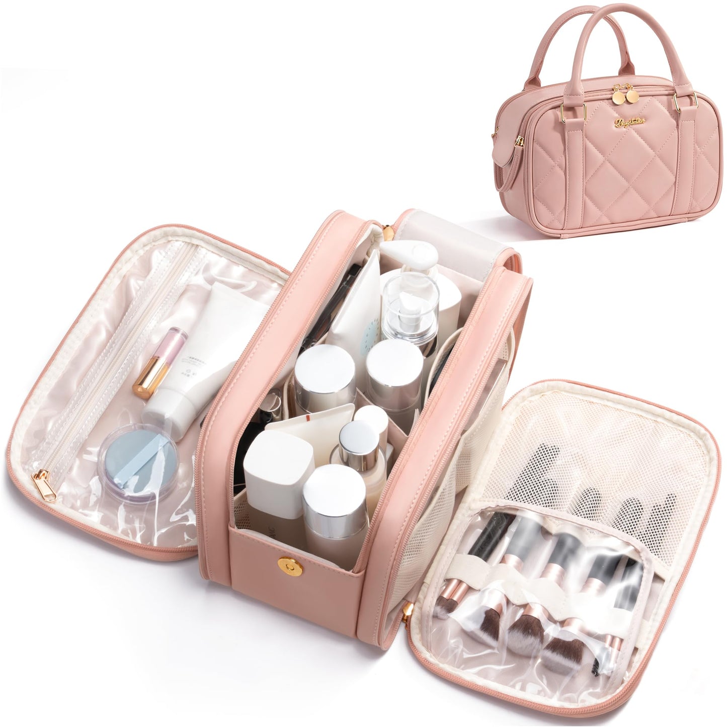 Bagstellar Travel Makeup Bag, Large Capacity Quilted Toiletry Bag for Women Stand-up Cosmetic Bag Open Flat Make Up Case Organizer Portable Pouch Purse w/Handle for Traveling Accessories, Pink