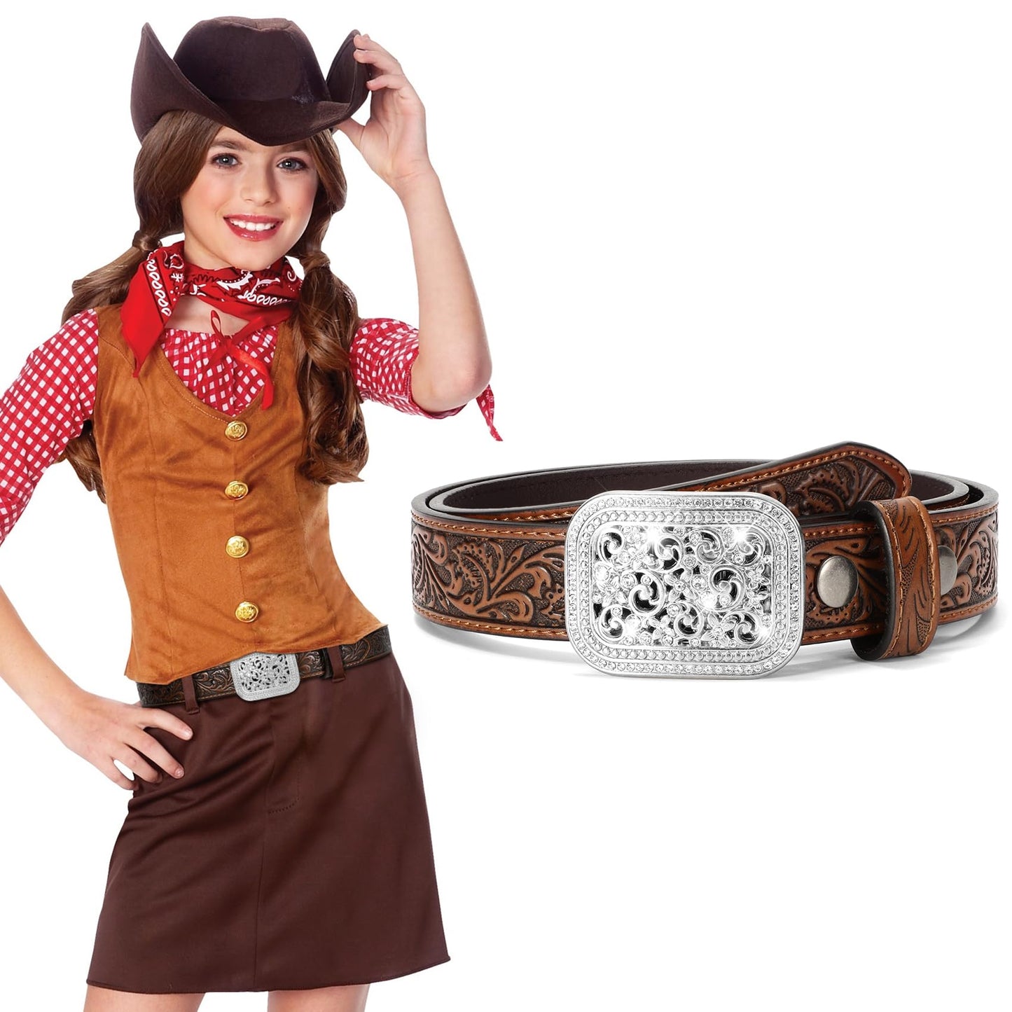 XZQTIVE Genuine Leather Belts for Boys Girls Vintage Kids Western Cowboy Cowgirl Belts Engraved Tooled Leather Belts,coffee