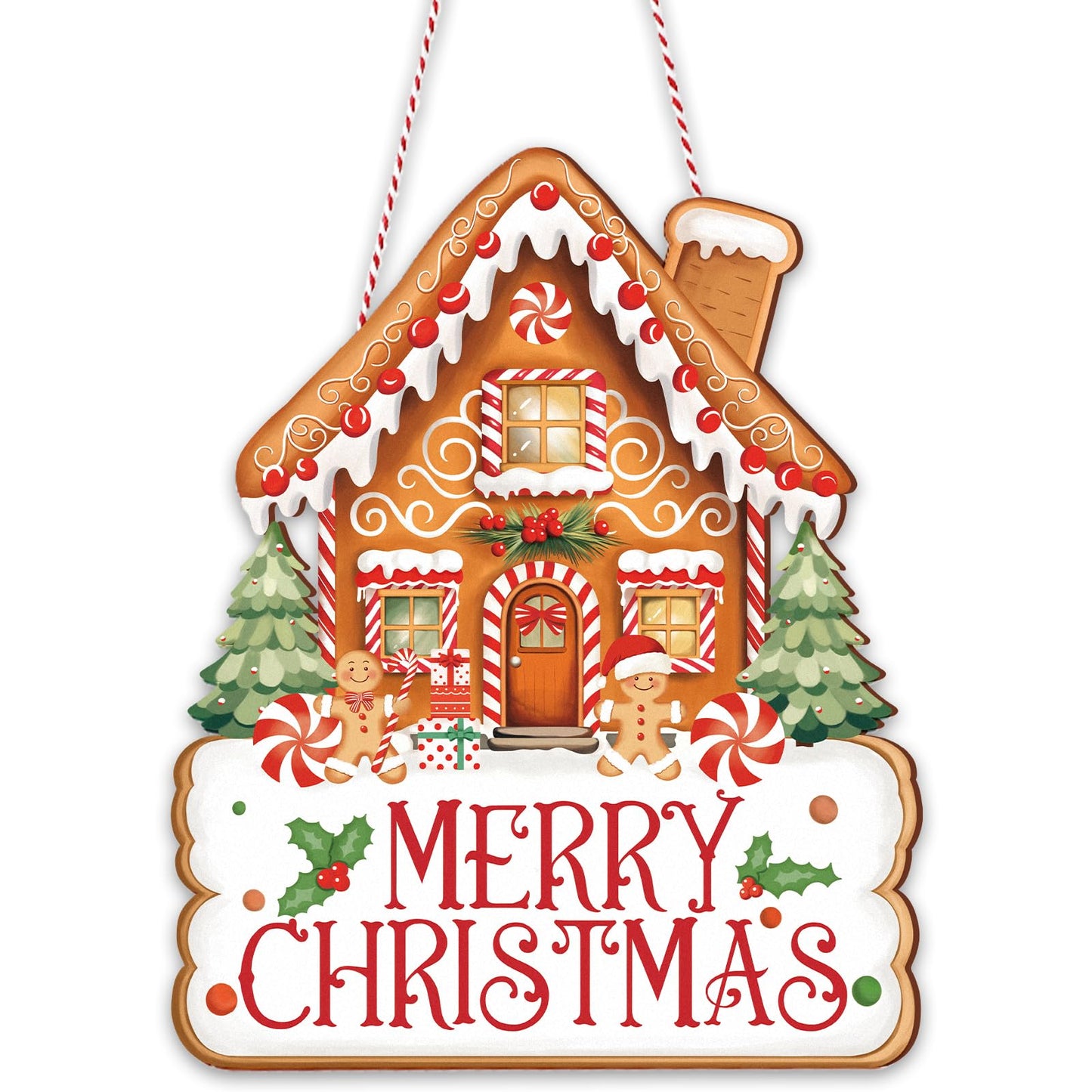 Whaline Merry Christmas Door Sign Outdoor Hanger Gingerbread House Wooden Front Door Hanging Sign with Rope for Xmas Winter Holiday Party Home Wall Porch Decorations