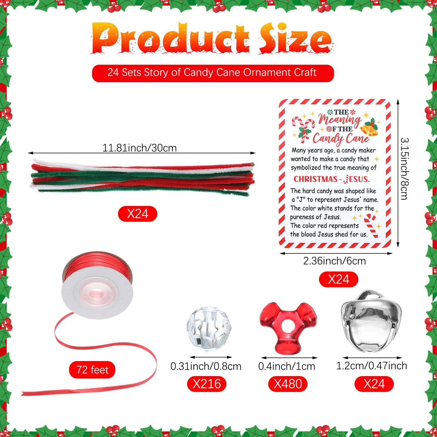 JellyArch 24 Sets Story of Candy Cane Ornament Craft Jesus Religious Christmas Beaded Ornament Kit DIY Xmas Craft Gift 696 Beads 24 Cards 48 Bells 24 Chenille Stems 1 Ribbon for Tree Decor (Red,Green)