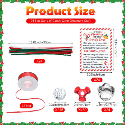 JellyArch 24 Sets Story of Candy Cane Ornament Craft Jesus Religious Christmas Beaded Ornament Kit DIY Xmas Craft Gift 696 Beads 24 Cards 48 Bells 24 Chenille Stems 1 Ribbon for Tree Decor (Red,Green)