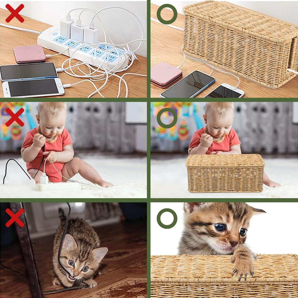 Cable Management Box, Handmade Rattan Cable Organizer with 2 Open Slots, Cord Hider for Power Strip, Router & USB Hub, Registered U.S. Design Patent (D1,112,102), 13" x 5.1" x 5.1", Natural