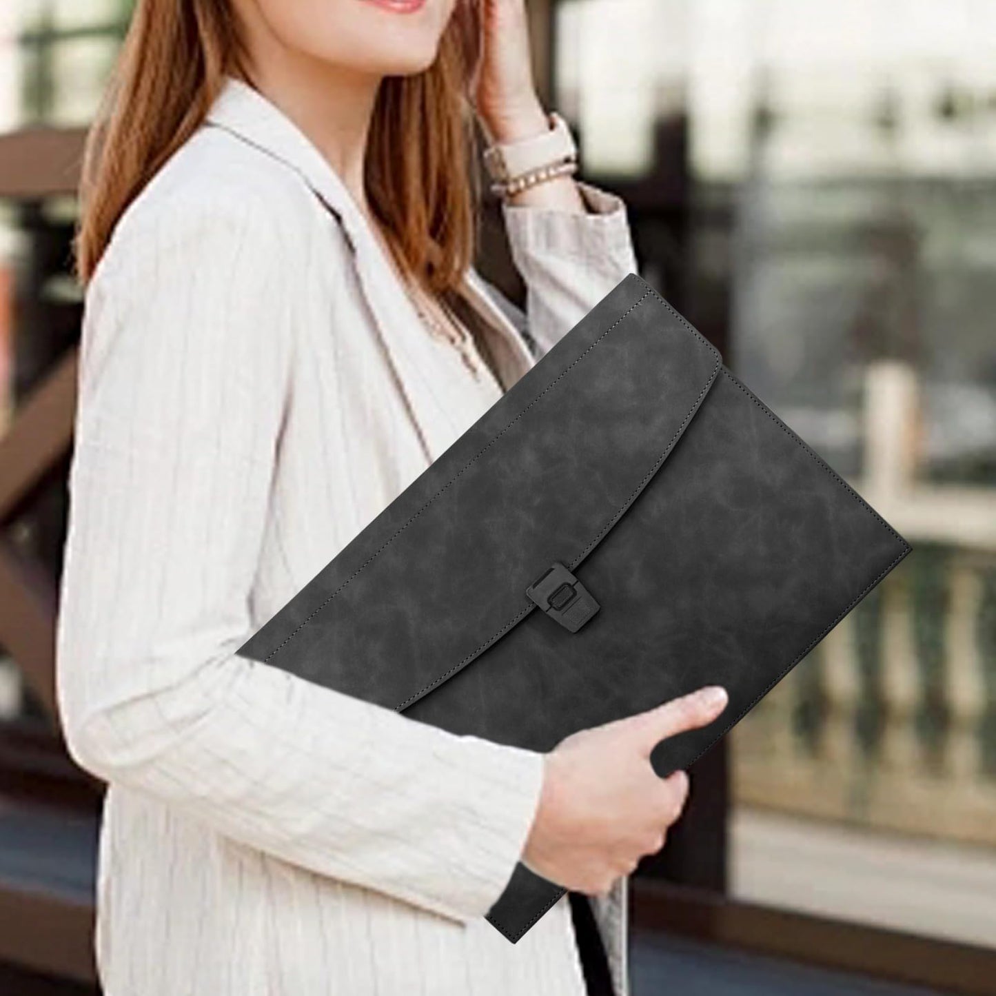 VANRA File Folder Document Holder Faux Leather Portfolio Filing Envelopes, Dampproof Document Folder with 2 Pockets A4/Letter Size Paper Organizer Case with Buckle Closure (Black)