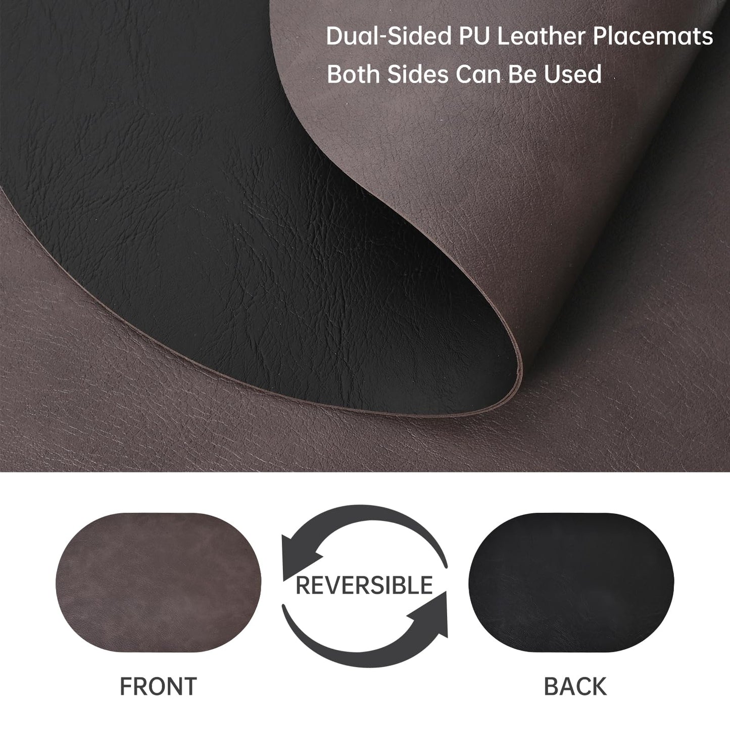Oval Placemats Set of 6, Faux Leather Place Mats for Dining Table Dual Sided Placemats Heat Resistant Washable Wipeable Table Mats for Indoor Outdoor, Dark Brown/Black