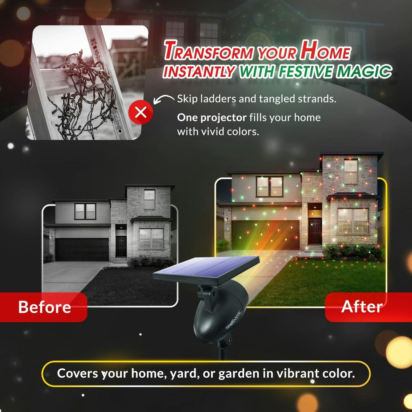Outdoor Christmas Projector Laser Light, Solar Powered - STARTASTIC Christmas Lights, Covers 600 Sq Ft, Waterproof, Easy Installation, Auto-On, Wireless Remote Control, 5 Modes, House, Yard, Party
