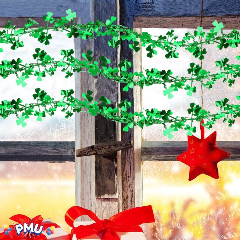 PMU 75 Ft Green Shamrock Garland – Shiny Tinsel Wire Garland for St. Paddy’s Day, Irish Holiday, Leprechaun Decorations Shamrock Green (3pc-25Ft Each)