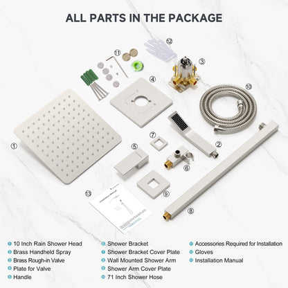 SR SUN RISE Shower Faucet Set & System - 10 Inch Rainfall Shower Head & Handle Set Wall Mounted Brushed Nickel Solid Brass Valve Trim Kit Included