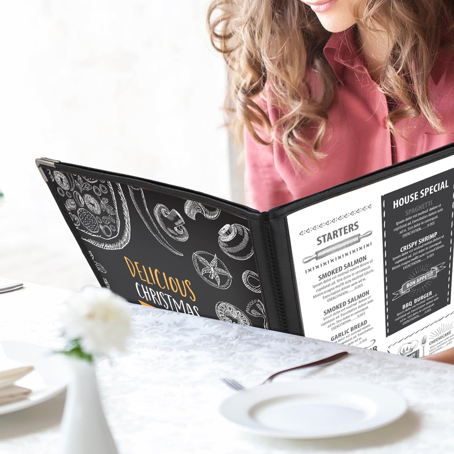 Henoyso 50 Pcs 8.5 x 11 Inch Menu Covers 4 Page 8 View Transparent Restaurant Covers Book Fits A4 Size Paper, Bar Cafe Clear Menu Holder Folder with Leatherette Trim and Decorative Corners, Black