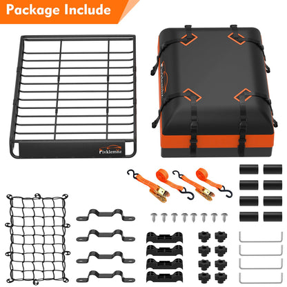 Roof Rack Cargo Carrier, Universal Roof Basket (51"x 36"x 5") + 15 Cubic Feet Waterproof Rooftop Cargo Carrier Bag (46"x 34"x 17") with Bungee Net, Ratchet Straps, Storage Bag, Luggage Lock