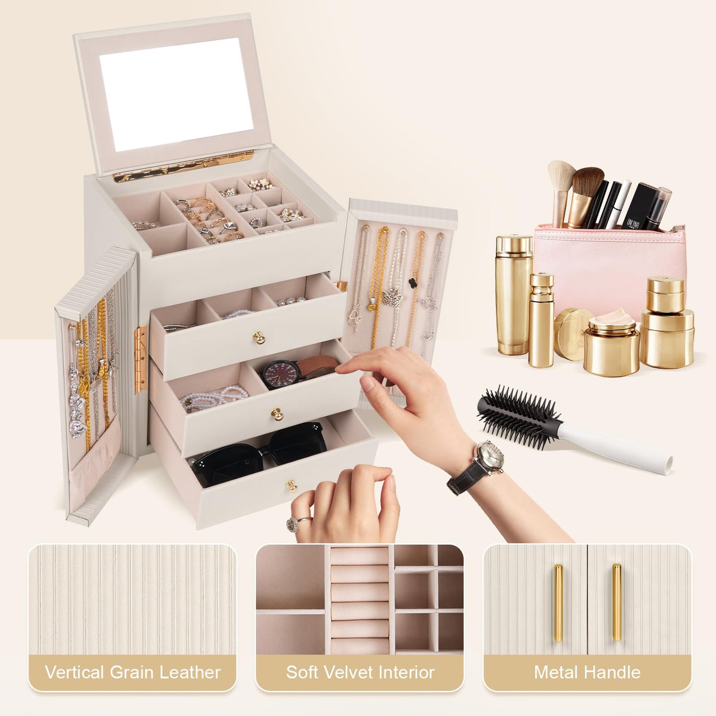 Dajasan Large Jewelry Box Organizer, Jewelry Storage Organizer with 3 Drawers, Huge Jewelry Box with Mirror for Women Girls, Double Door, Textured PU Leather, Gift Idea, Stylish (Beige + Gold)