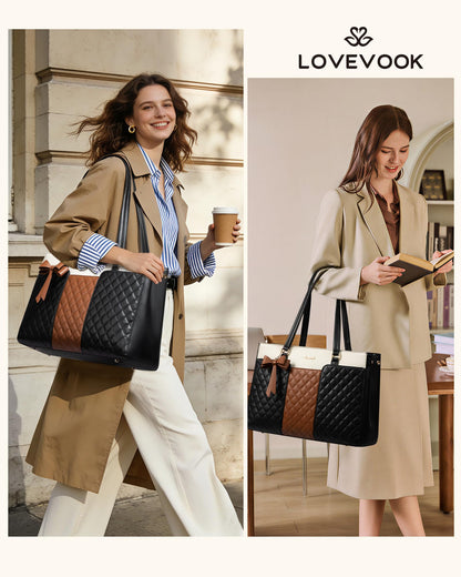 LOVEVOOK Laptop Tote Bag for Women,15.6 Inch Work Bags PU Leather Teacher Tote Bag,Waterproof Quilted Computer Bag for Office Professional Briefcase Gifts