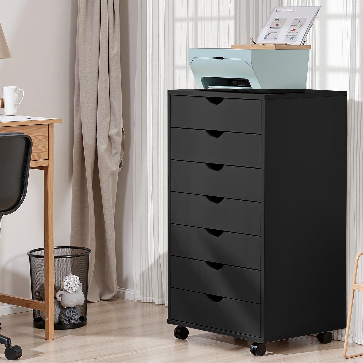 OLIXIS 7 Drawer Mobile File Cabinet Under Desk Storage Organization with Wheels Vertical Filing Chest Rolling Wood Small Desk Printer Stand for Home Office, 15.75"D x 18.74"W x 34.25"H, Black