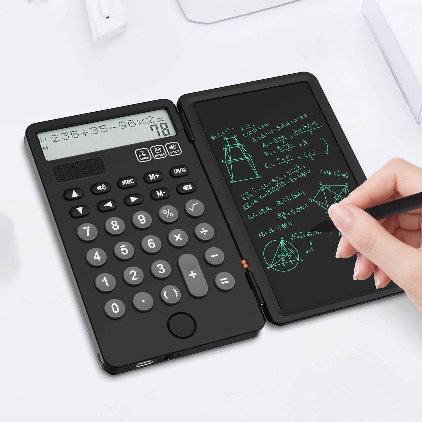 NEWYES Portable Calculator with Notepad, 2-Line 12-Digits Large Display, Rechargeable Solar Power Desk Calculator for Office School Students (Black)