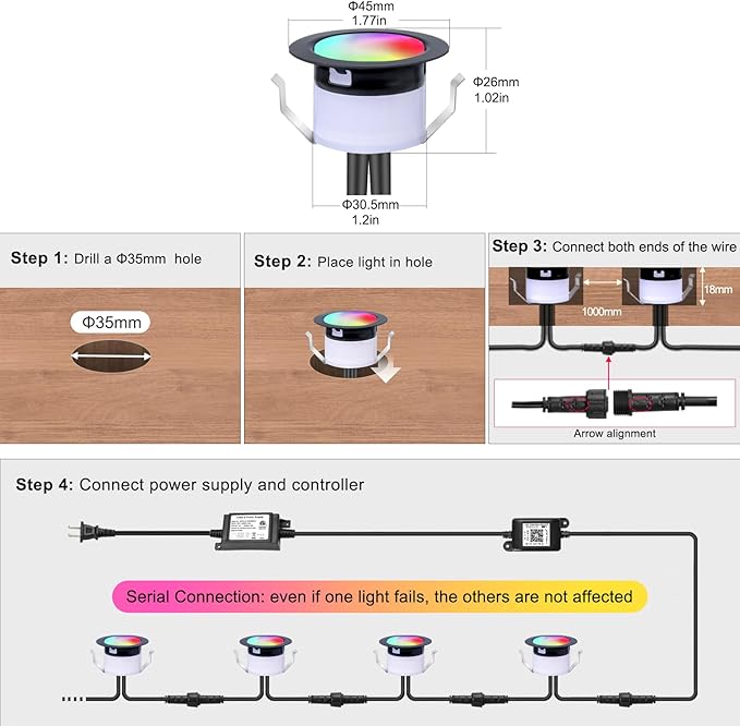 FVTLED Recessed LED Deck Lights Kit, Φ1.77 Low Voltage WiFi Pixel RGBW+IC Deck Lighting Work with Alexa/Google Home, IP67 Waterproof Outdoor Step Lights DC12V for Garden,Steps,Stair(6 Pack, Black)