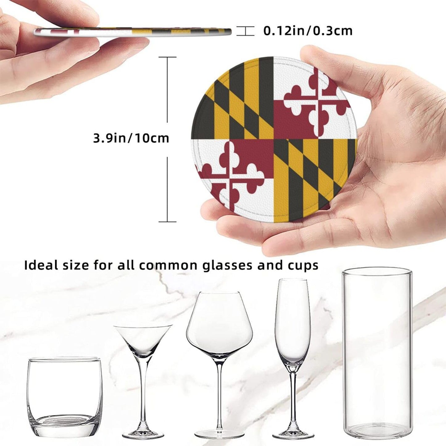 6 Pack Maryland State Flag Leather Coaster with Holder for Drinks- Heat Resistant Non-Slip National Flag Funny Coasters for Wooden Table Coffee Bar Kitchen Decor Housewarming, Set of 6