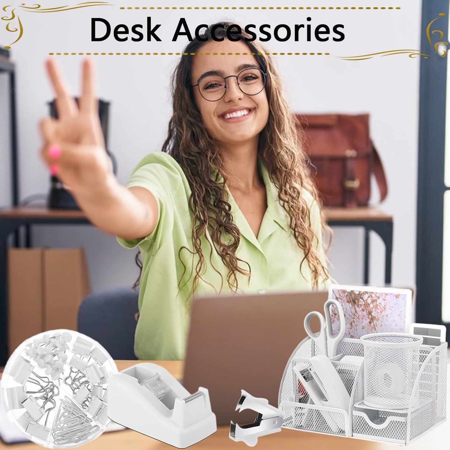 Office Supplies,Desk Accessories,Stapler and Tape Dispenser Set,1000 Staples,Staple Remover,Pen Holder,Folding Phone Holder,Journal Notebook,Ballpoint Pen,Scissor,Ruler,Clear Tape,Sticky Notes,Ect