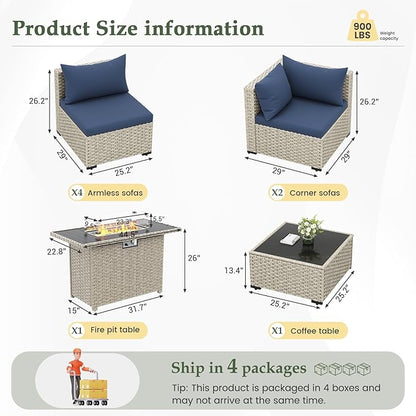 UDPATIO Patio Furniture Set with Fire Pit Table, 8 Pieces Outdoor Sectional Sofa, PE Wicker Patio Conversation Set for Garden, Backyard Blue