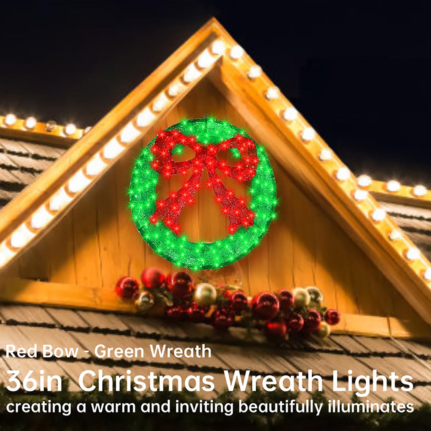 Outdoor Christmas Wreath Decoration - 36" Bright LED Christmas Wreath Lights with Bow, Large Lighted Christmas Wreaths Window Lights for Wall, Windows, Front Door Decor, Red Bow - Green Wreath