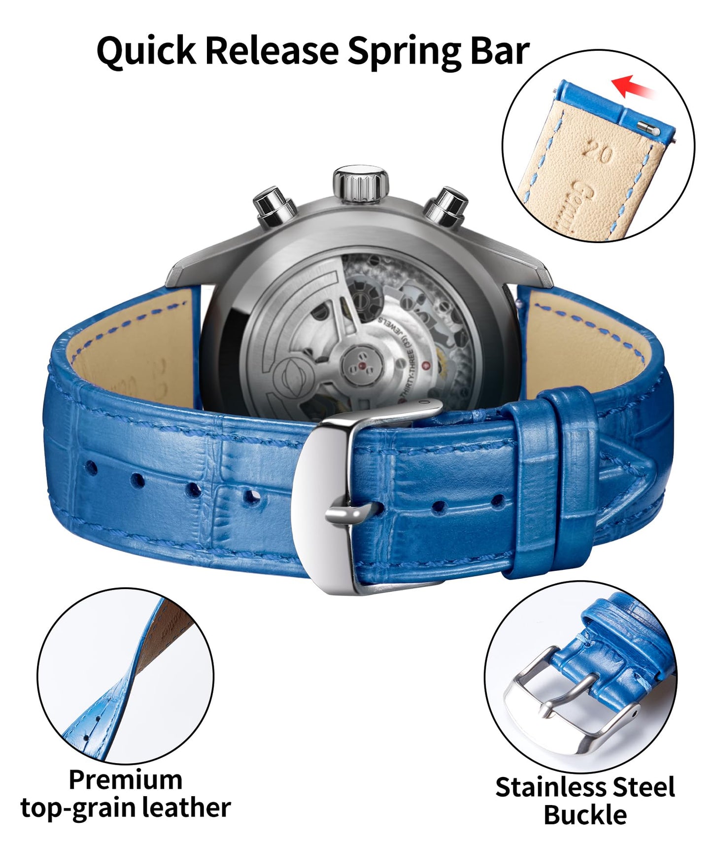 BINLUN Quick Release Genuine Leather Watch Band 10 Colors 13 Sizes for Men Women