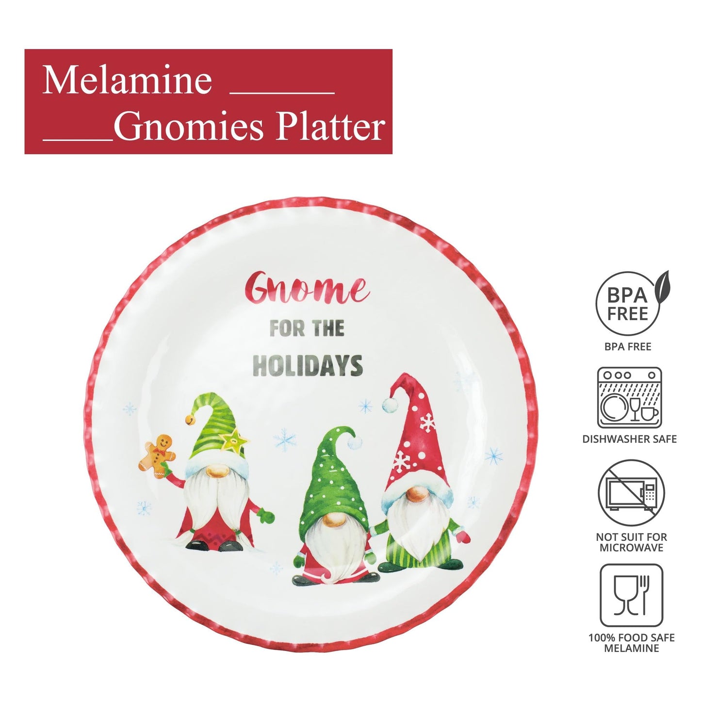 UP UPware Melamine Serving Platter BPA Free Food Platter 14 Inch Round Platter for Christmas (Gnomies)