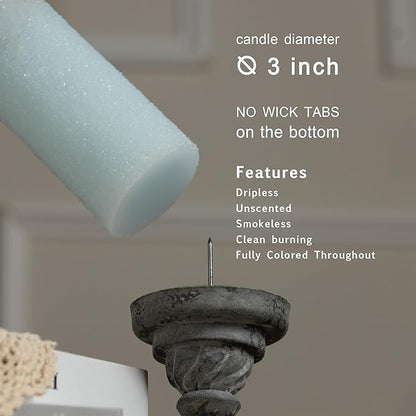 MOZEAL Hand-Poured Granular Texture Decorative Baby Blue Pillar Candles Set of 3 (3"x4", 5", 6"),Approx 300 Hours Burn Time Dripless, Unscented, Smokeless, Spring Party Decor Candle Lover Gift