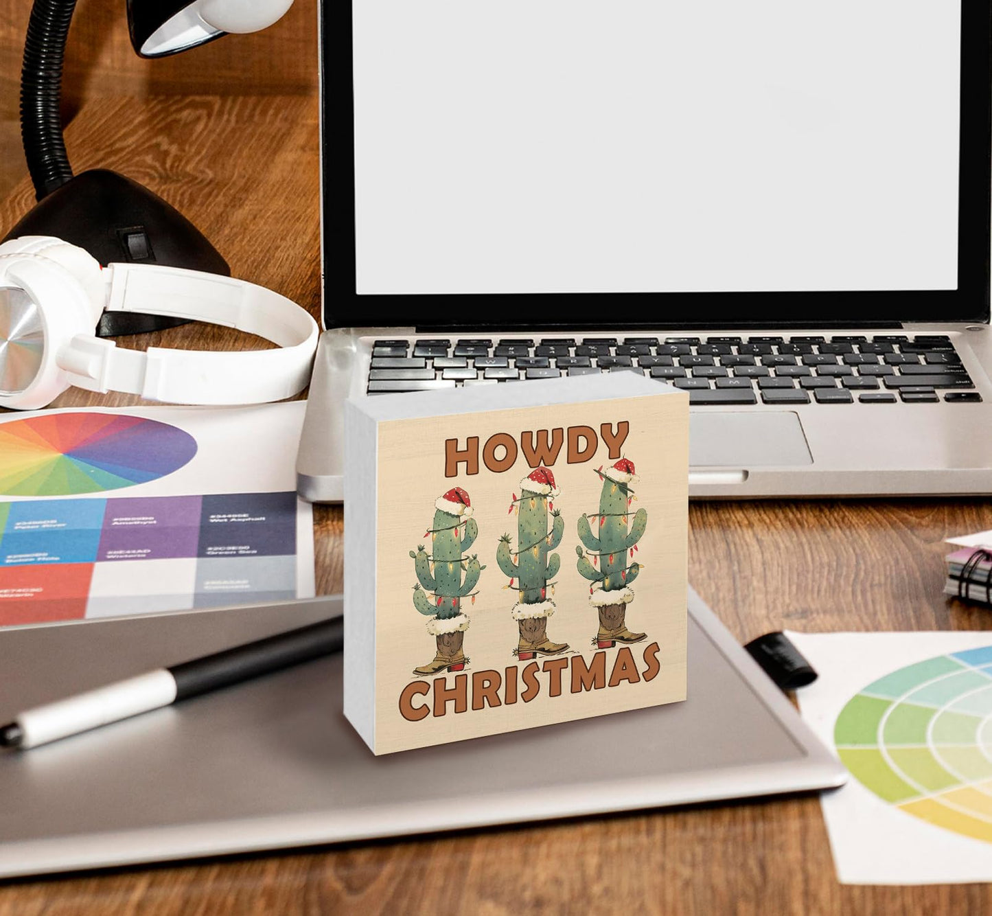Nitelat Howdy Christmas Western Cactus Cowgirl Boots Wooden Box Sign, Country Christmas Wood Signs For Home Office Desk Shelf Table Decor, Western Decorations, 5x5 Inch