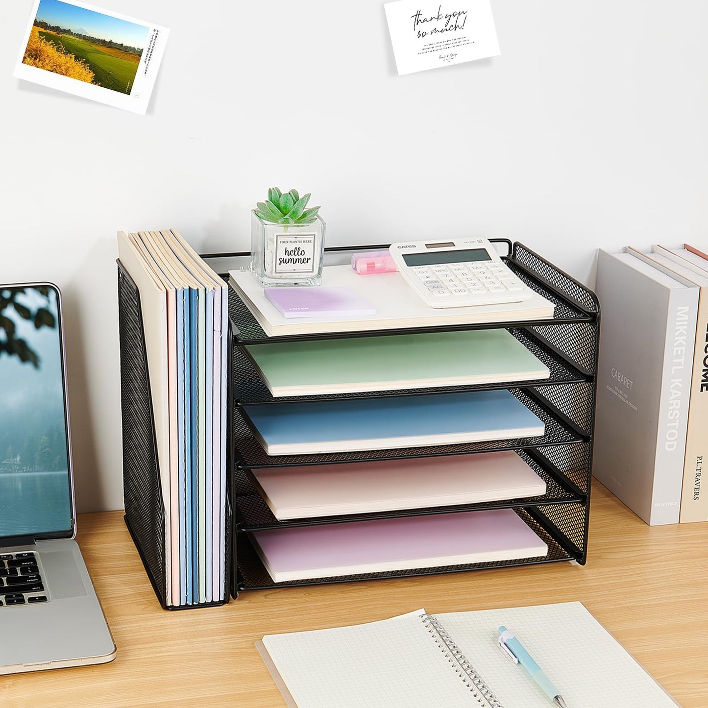 OPNICE Desk Organizer, 5-Tier Paper Organizer Letter Tray with Magazine Holder, Office Desk Accessories & Workspace Organizers, Desktop File Organizer for Office Supplies Storage, Black