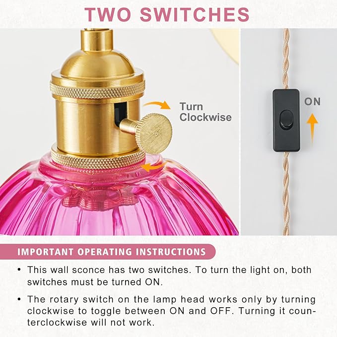 Plug in Wall Sconces Set of 2, Vintage Wall Sconce Light with Tulip Ruby Red Glass Lampshade, 180° Adjustable Wall Sconce with Switch and Plug in wall lamp Cord, Gold Wall Light Wall Decor Set of 2