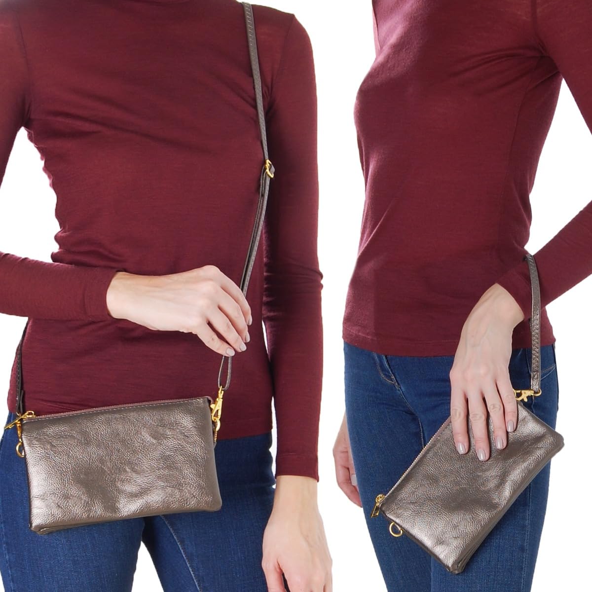 Clutch Purse Wristlets for Women - Dark Silver Vegan Leather Clutch Purses for Women, Metallic Gunmetal Crossbody Small Wristlet Wallets, Bronze Crossbody Handbag, Vegan Leather Bag with Wrist Strap