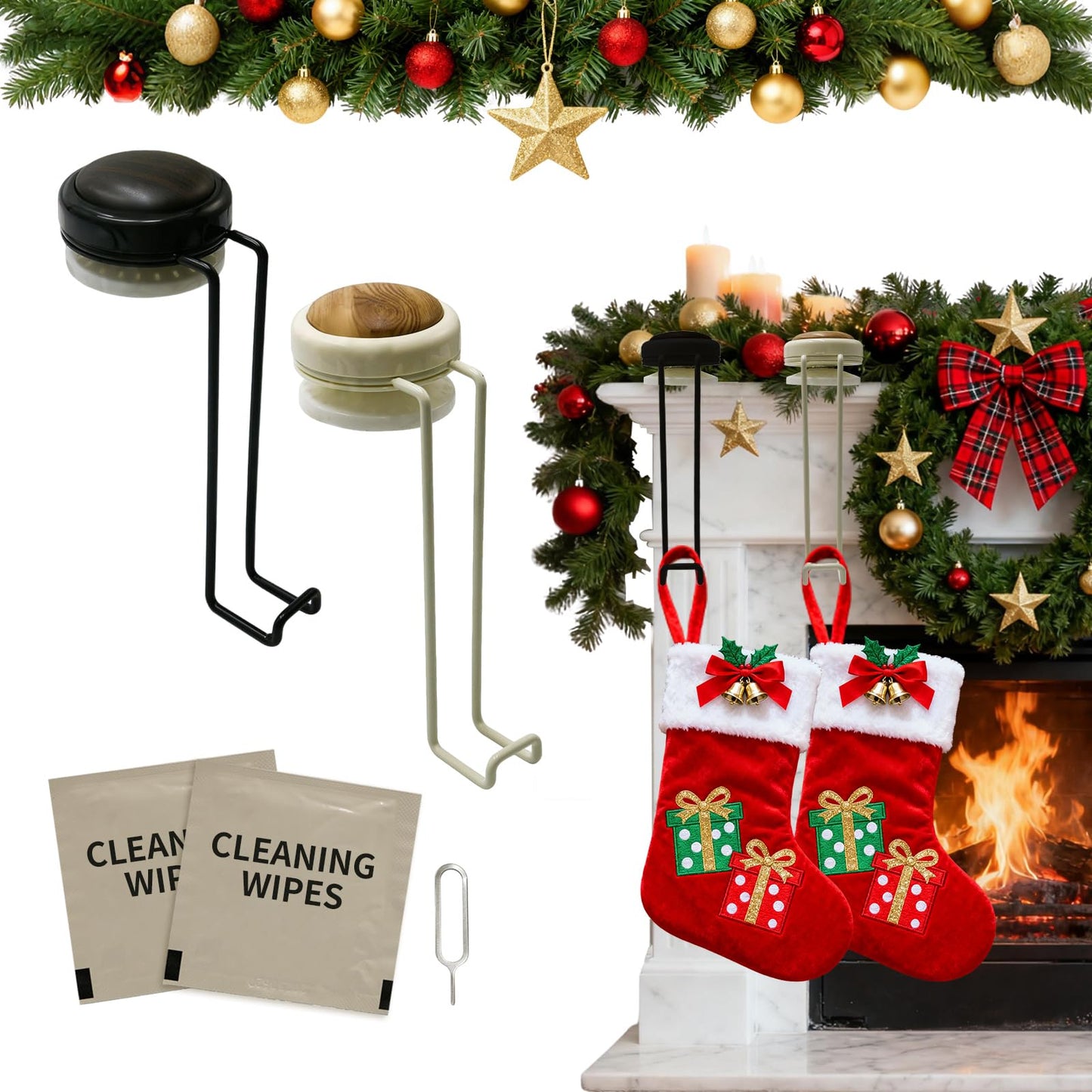 Stuzos 2 Pack Christmas Fireplace Stocking and Garland Hanger,Mantle Garland Holder for Hanging Christmas Stockings (Black Walnut*1PCS+Wood Tone*1PCS, M)