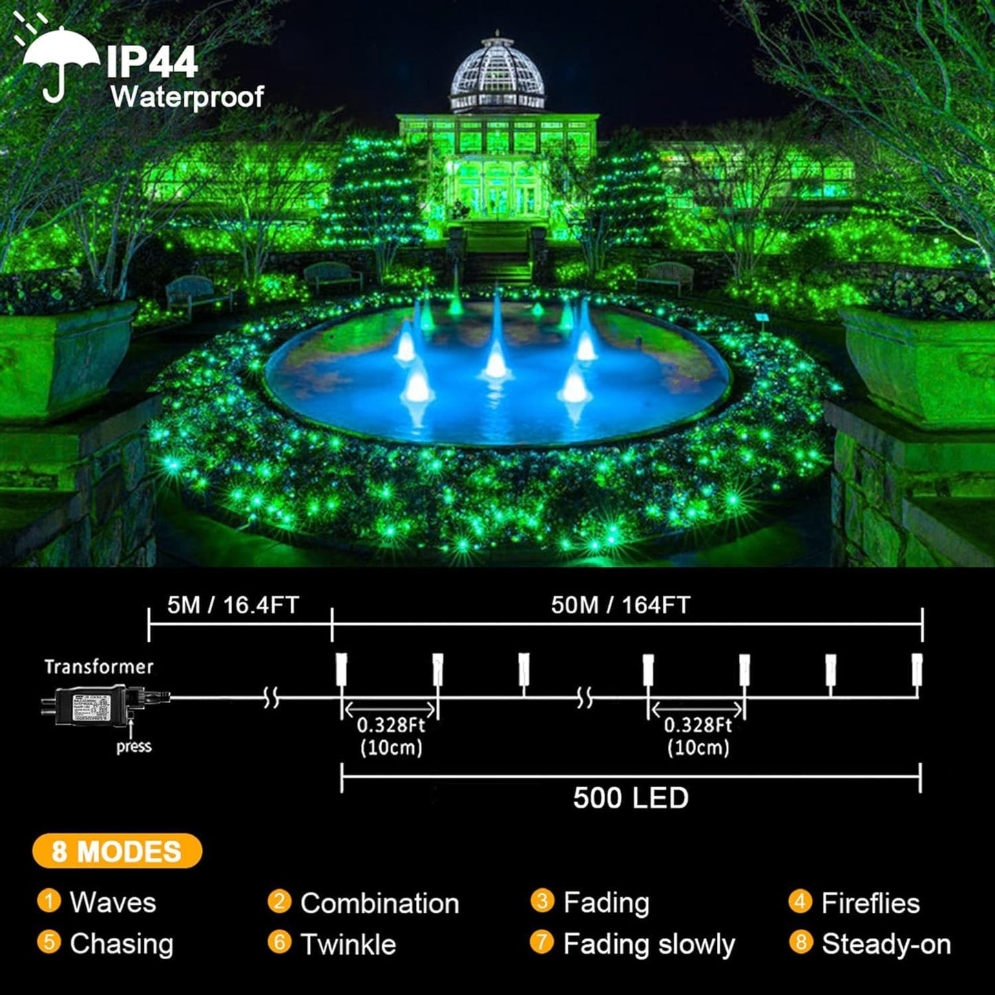 kemooie 500 LED Green St. Patrick's Day Lights, 164 FT Waterproof Fairy String Lights with 8 Modes & Memory Function, Plug in Outdoor String Light for Xmas Garden Balcony St. Patrick's Day Decor