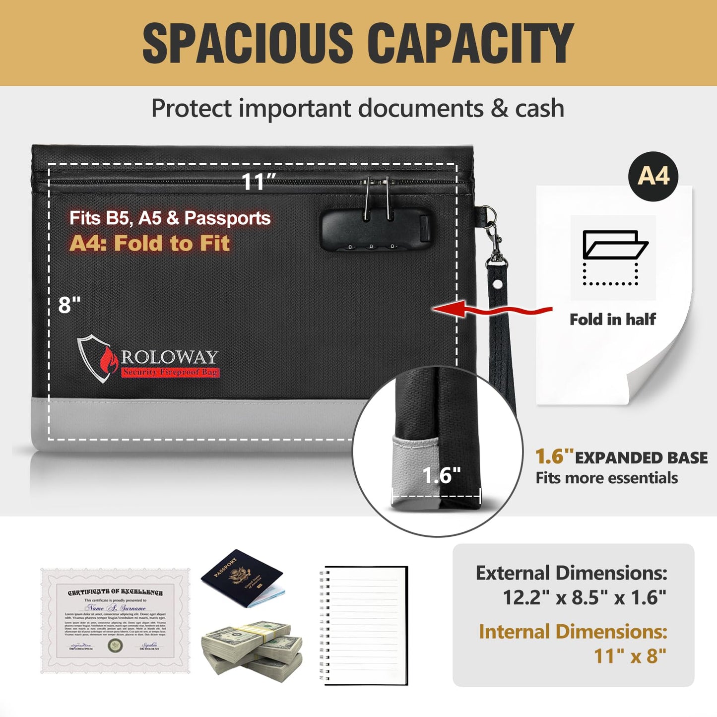 ROLOWAY Fireproof Money Bag with Lock for Cash, 6400°F Fire Proof Document Bag (12.2 x 8.5 x 1.6 inches), Money Pouch with Zipper (Black)